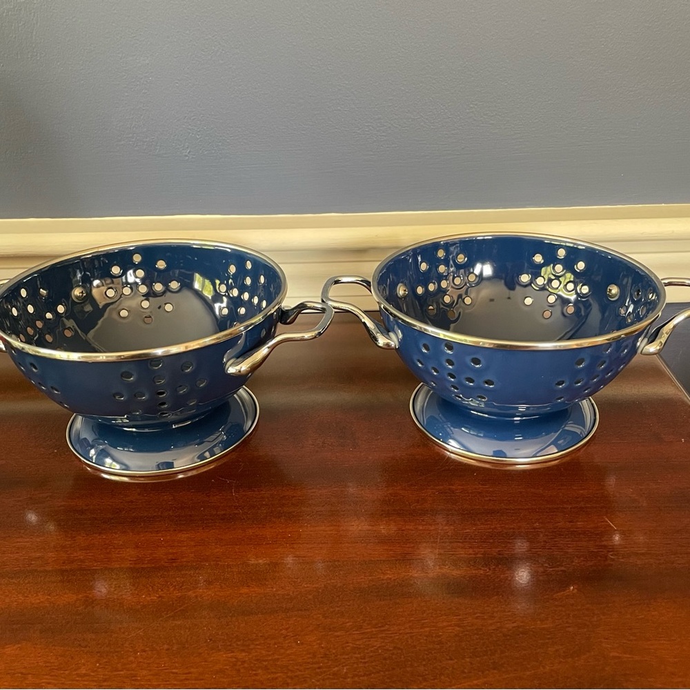 2/$15 Mini colanders navy blue and silver metal